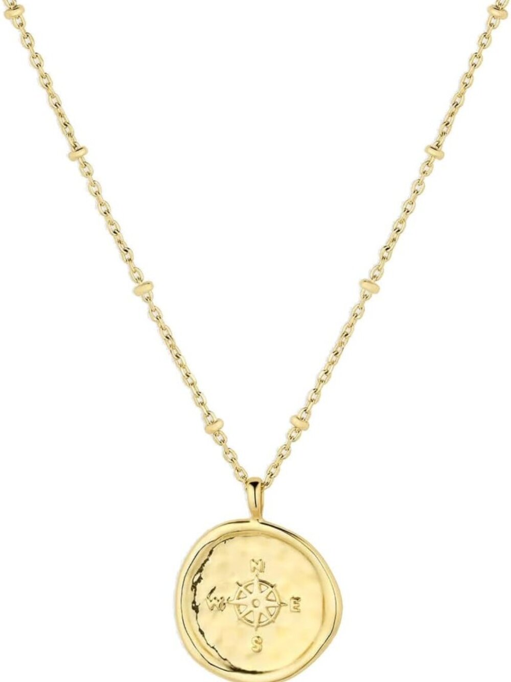 Compass Coin Pendant Necklace - 18k Gold/Silver Plated, Adjustable 17-19” Chain